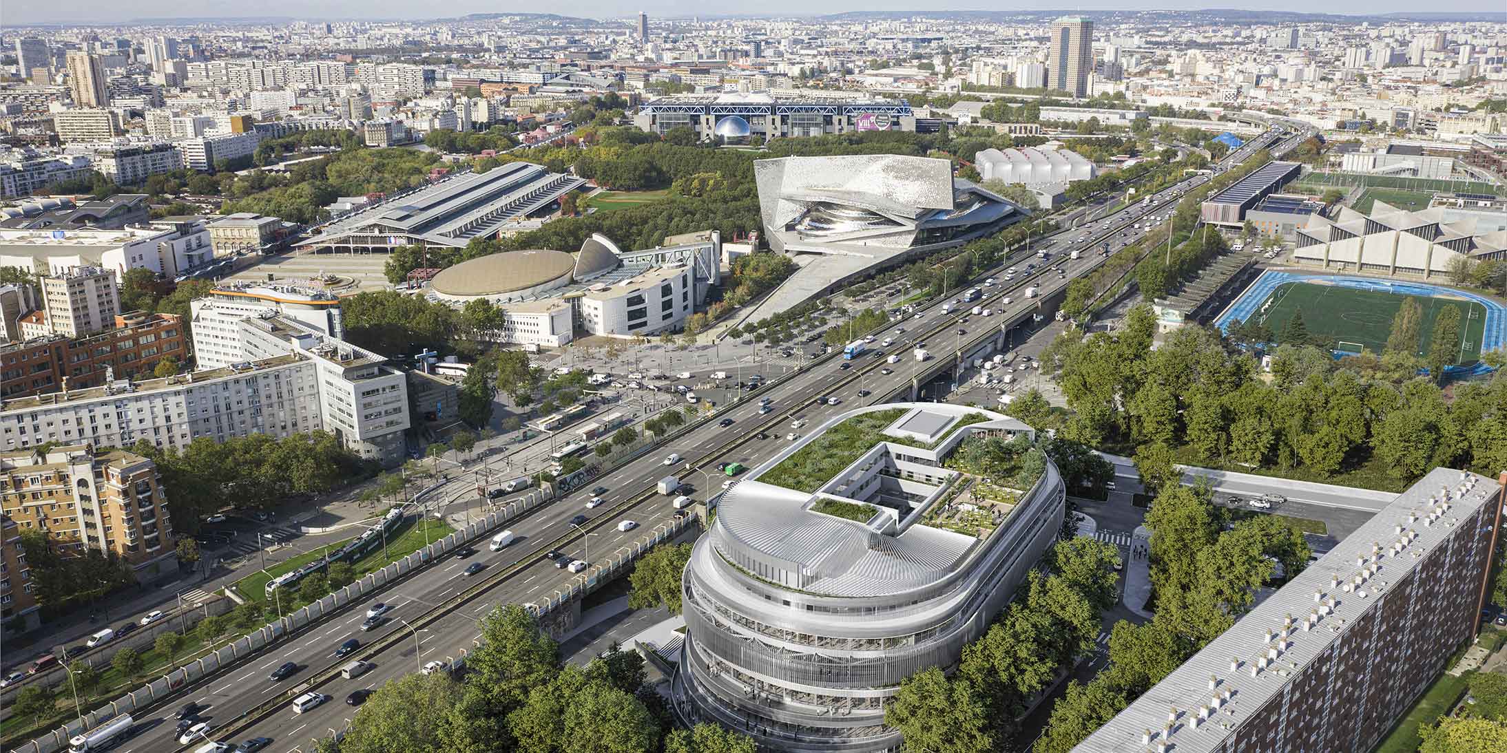 Vue aérienne de la Cité Universelle à Paris : 30 000 m² emblématiques de l’accessibilité universelle réalisée par GA Smart Building.