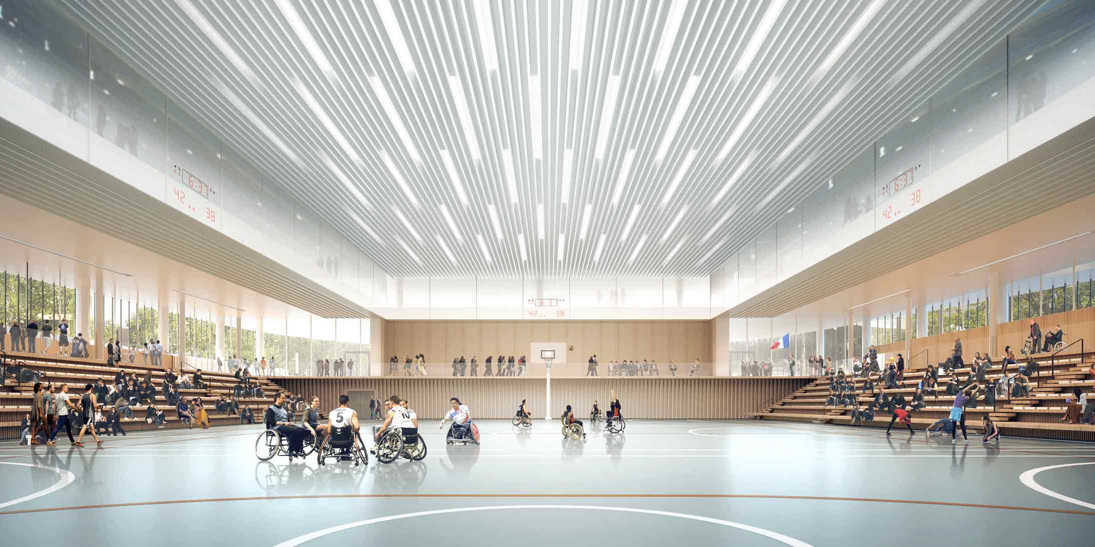 Le Pôle Sportif de la Cité Universelle est un lieu d’entraînement pour les disciplines paralympiques. Le projet a été imaginé par GA Smart Building avec Baumschlager Eberle Architekten et INEDIT,