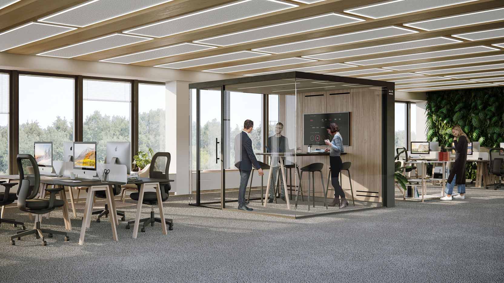 Connected – the GA Smart Meeting Box enables users to work together around a table, isolate themselves to make a phone call or relax in an armchair.