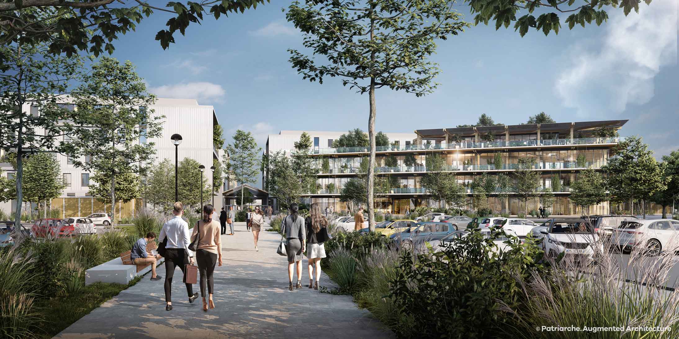 Perspective extérieure du futur grEEn-campus de Stellantis à Poissy, réalisé par GA Smart Building