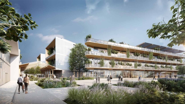 Perspective extérieure du futur grEEn-campus de Stellantis à Poissy, par GA Smart Building