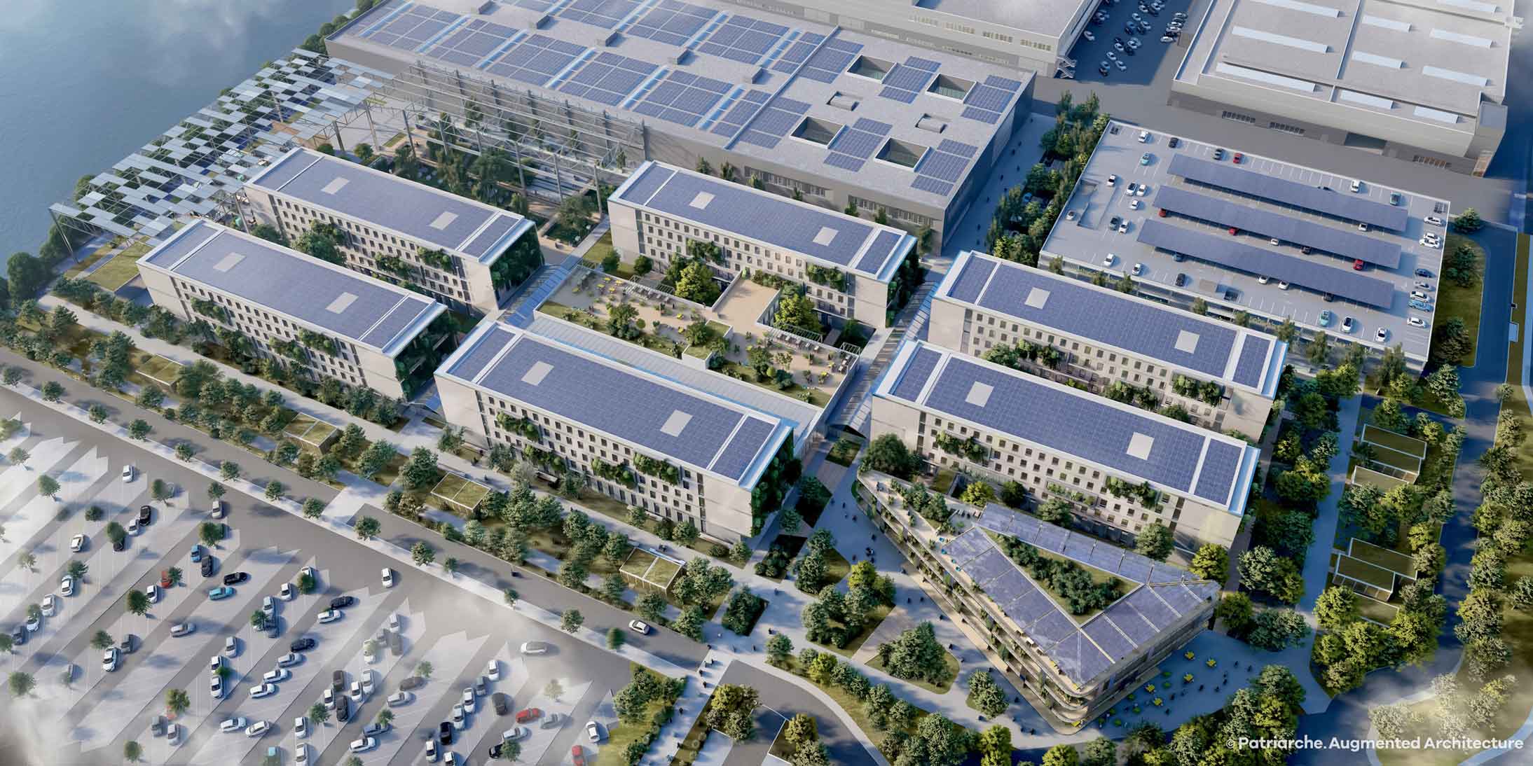 Vue aérienne de l'ensemble immobilier tertiaire du futur grEEn-campus de Stellantis à Poissy, réalisé par GA Smart Building