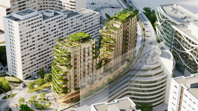 Perspective extérieure de la 1ère tour en 100 % modulaire bois en France pour Paris La Défense à Courbevoie, réalisé par GA et Pitch Immo