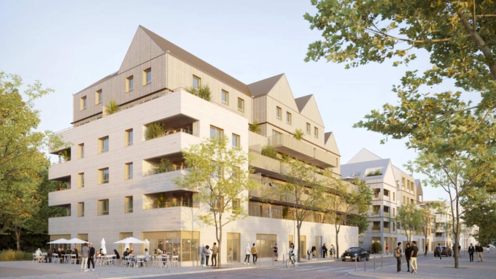 Levée de la première Façade à Ossature Bois (FOB) pour les 220 logements dans la ZAC Casernes Beaumont-Chauveau à Tours