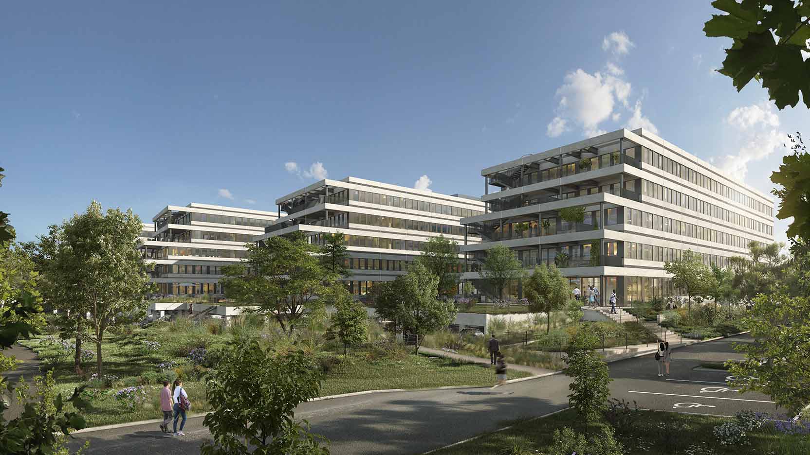 Vue du futur campus Horizon à Blagnac développé par Icade et réalisé avec GA Smart Building pour accueillir les équipes de Sopra Steria